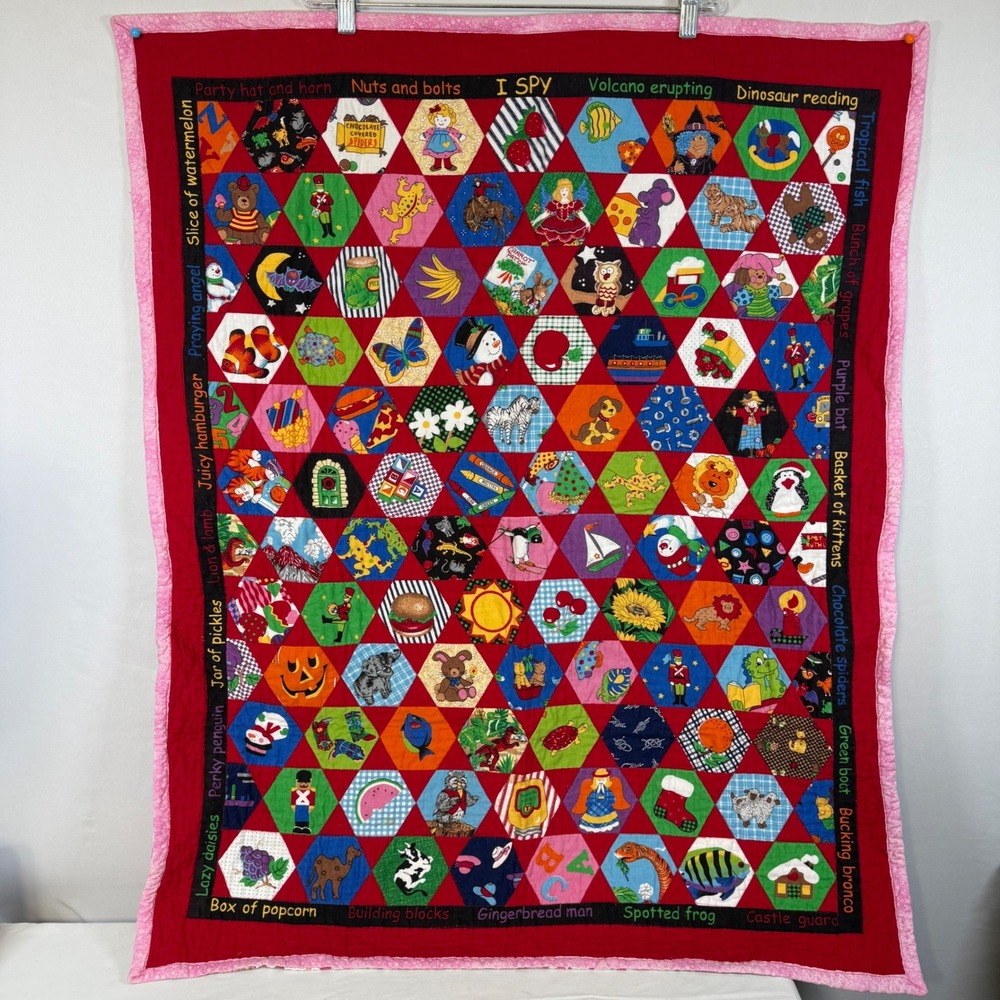 Colorful Patchwork Hexagon Quilt - Multicolor Pink Border